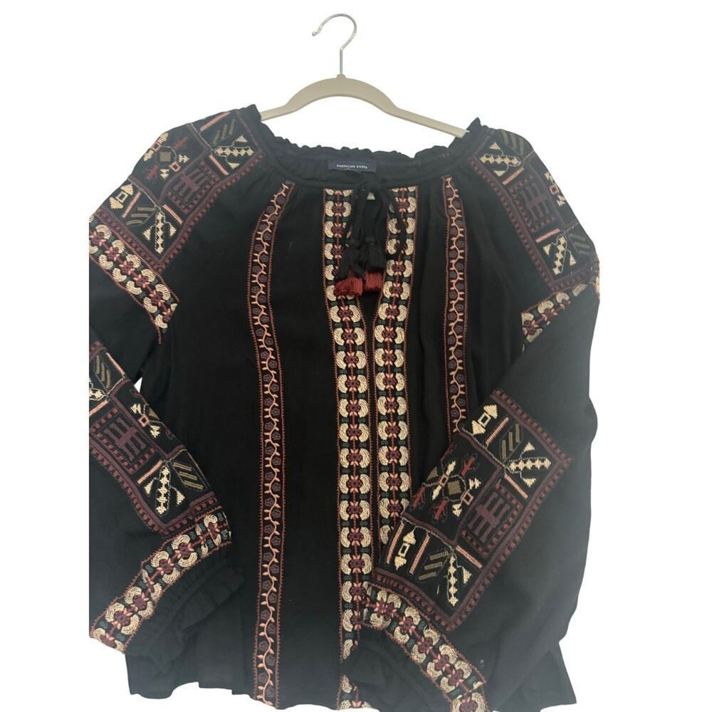 American Eagle Black Embroidered Peasant Blouse Tassel Split Neck Boho Top L